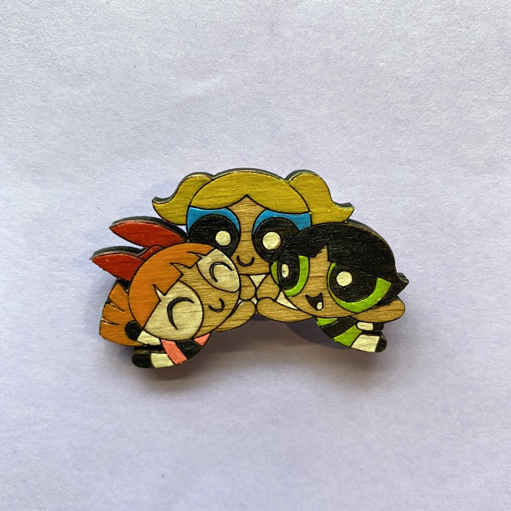 Powerpuff Girls Ahşap El Boyaması Broş 